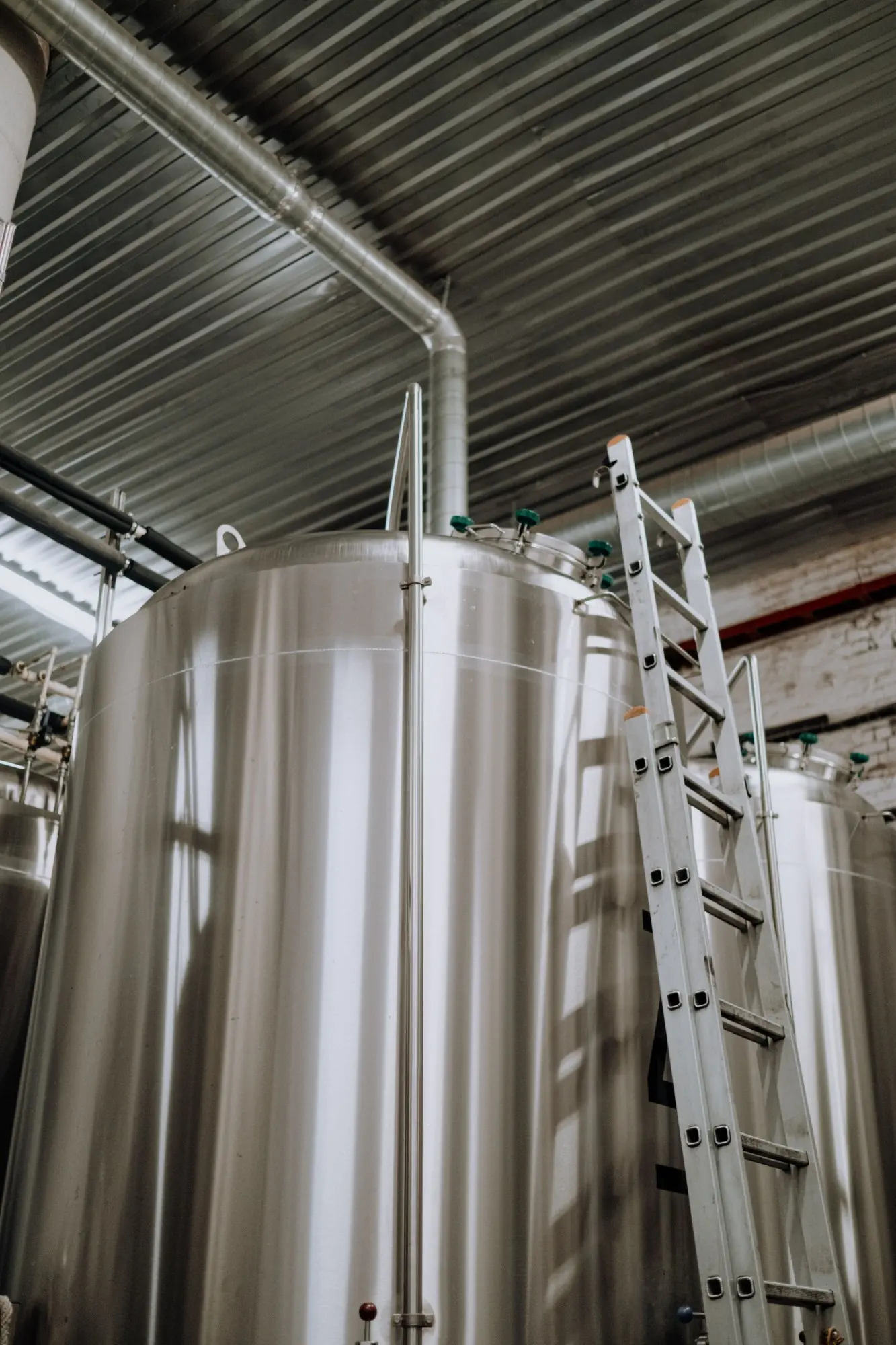Large stainless steel storage tank with an access ladder
