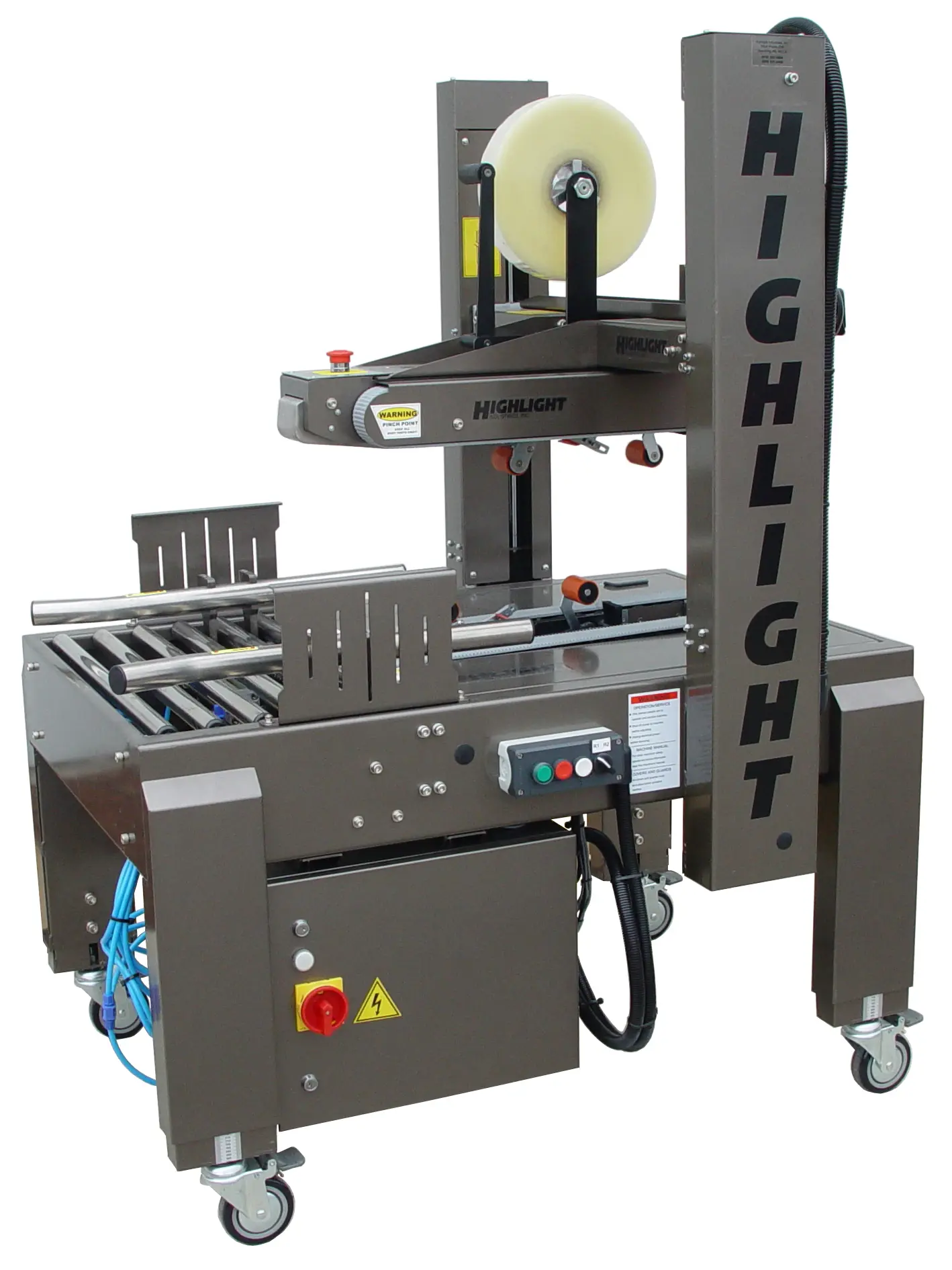 Automatic carton sealer, a stainless tape case sealer with overhead tape head, roller infeed conveyor, side guides and control box on castors