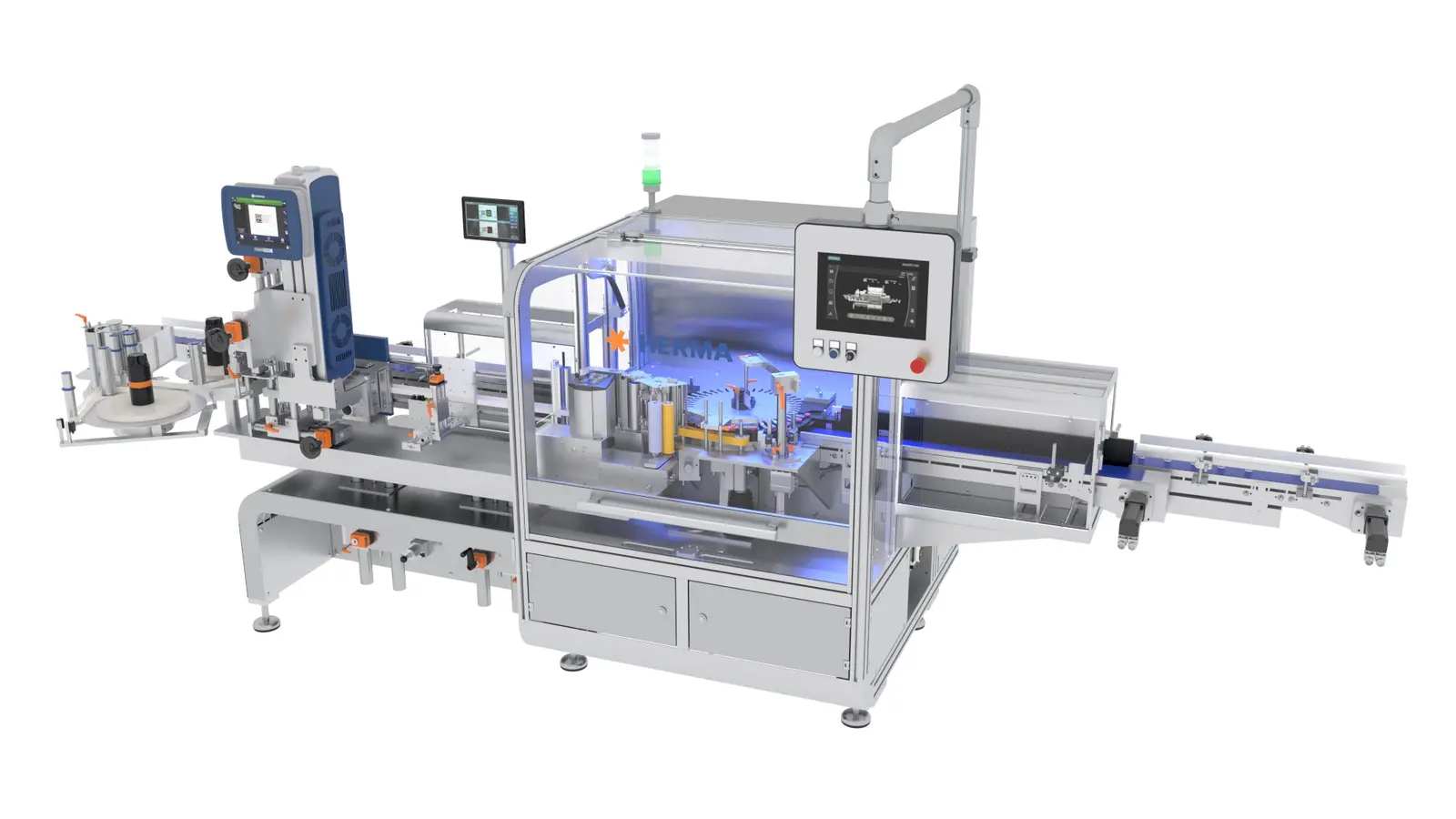 Automatic wrap-around bottle labelling machine, showing the in-line conveyor, label applicator heads and touchscreen controls