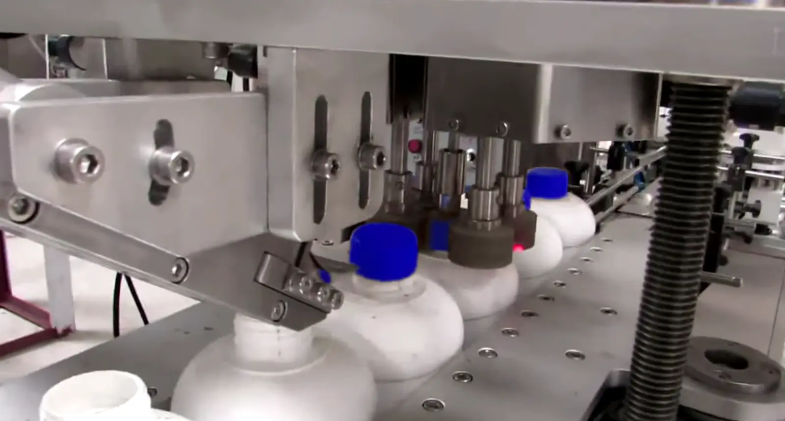 Automatic screw capping machine, showing capping spindles tightening blue screw caps on bottles moving along a conveyor