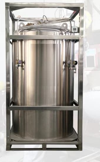 Framed 1,000 L stainless steel cryogenic liquid cylinder with valves and gauges