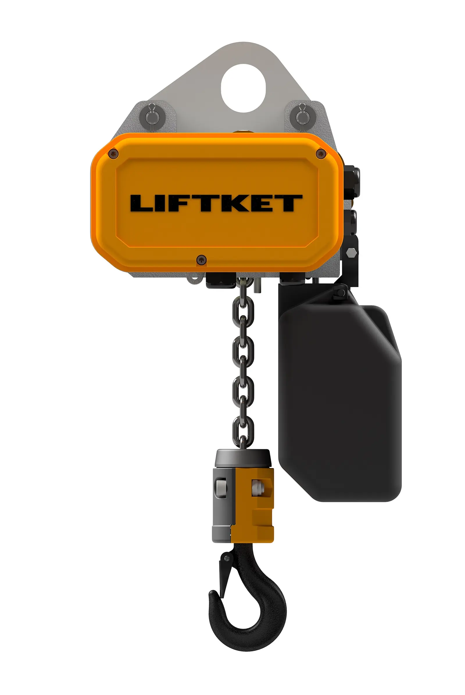 Electric chain hoist, showing the motor housing, suspension eye, load chain, chain bag and hook