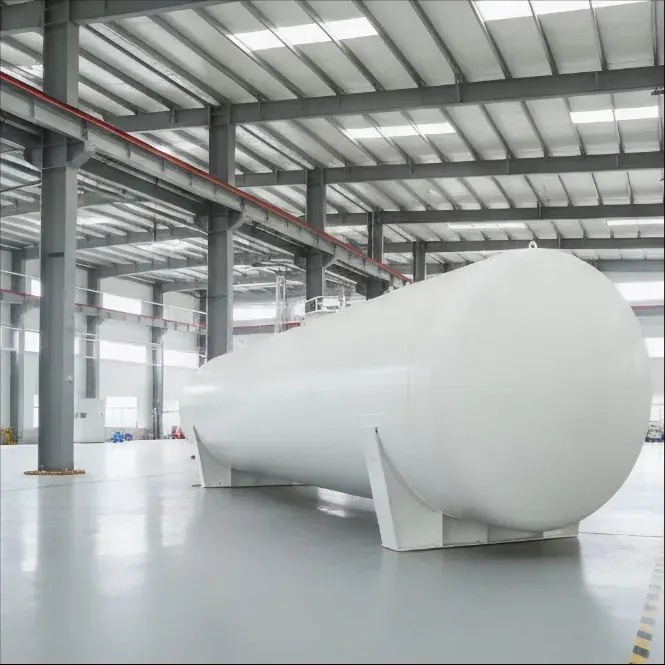 Horizontal cryogenic liquid storage tank on saddle supports in a factory hall