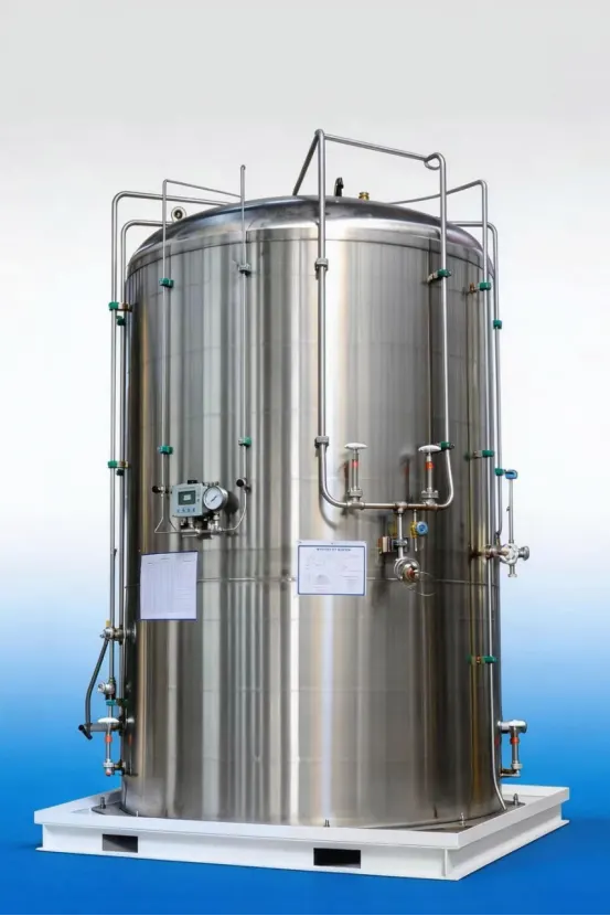 Vertical stainless steel micro-bulk cryogenic tank with external piping, gauges and valves on a base frame