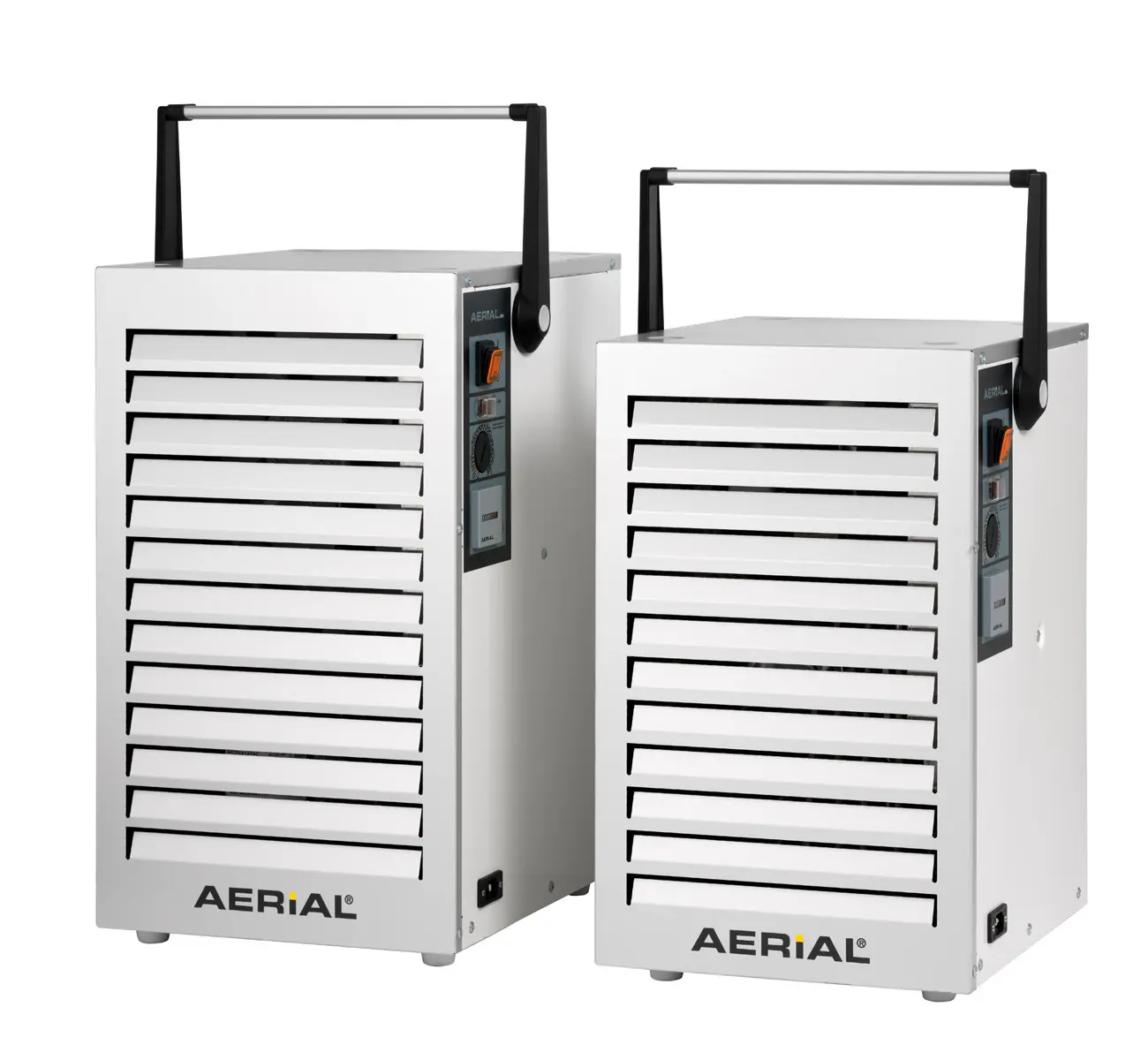 Refrigerative (compressor) dehumidifier, two floor-standing metal-cased condensation dryers with louvred fronts, control panels and carry handles