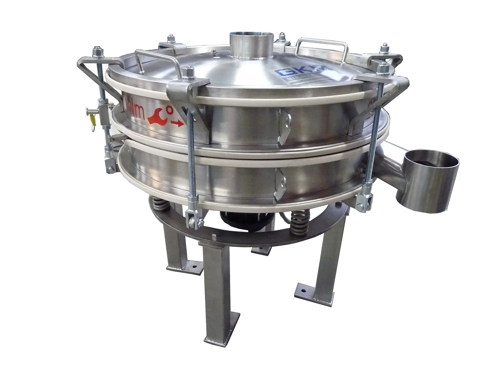 Round vibrating sieve, a two-deck stainless steel circular vibro screen on spring mounts with clamp rings, inlet spout and side discharge outlet