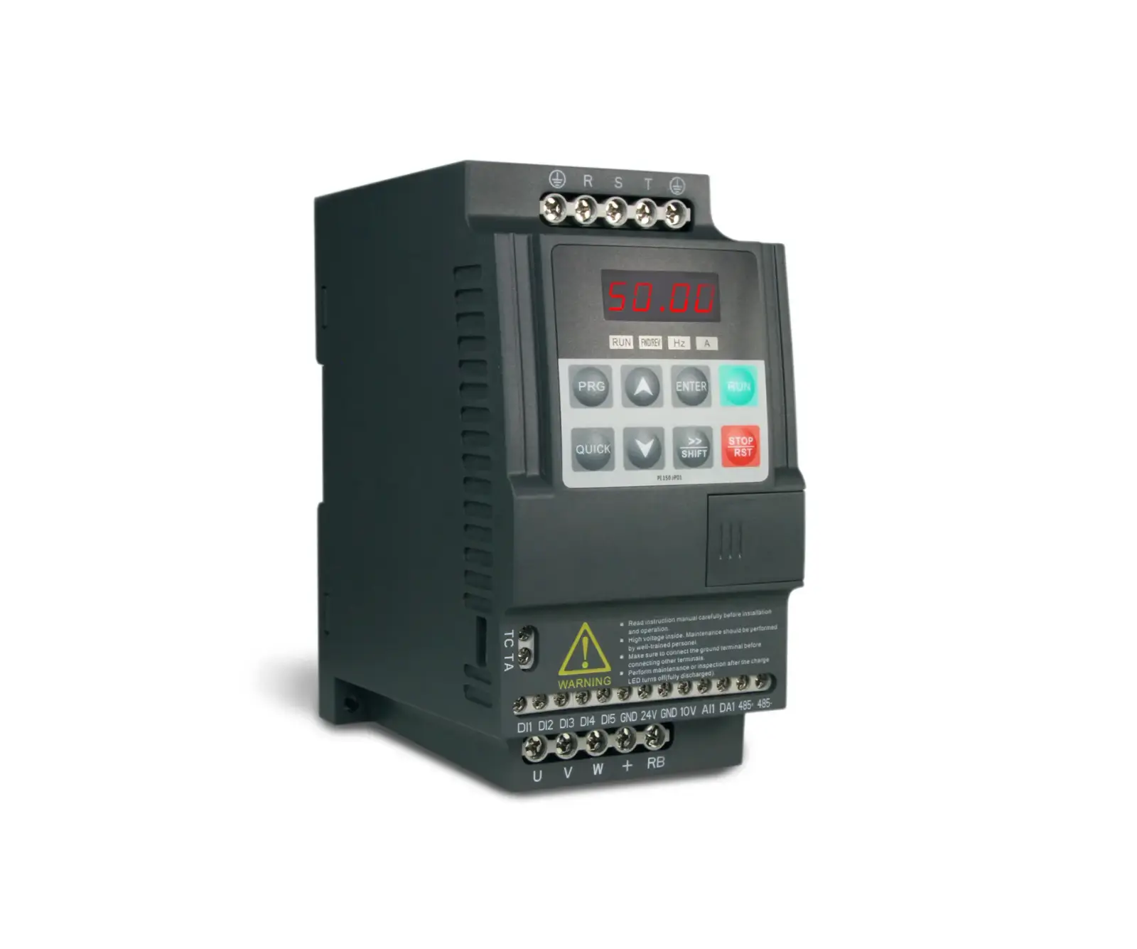 Low-voltage variable frequency drive, a compact inverter with LED display, keypad and power terminals